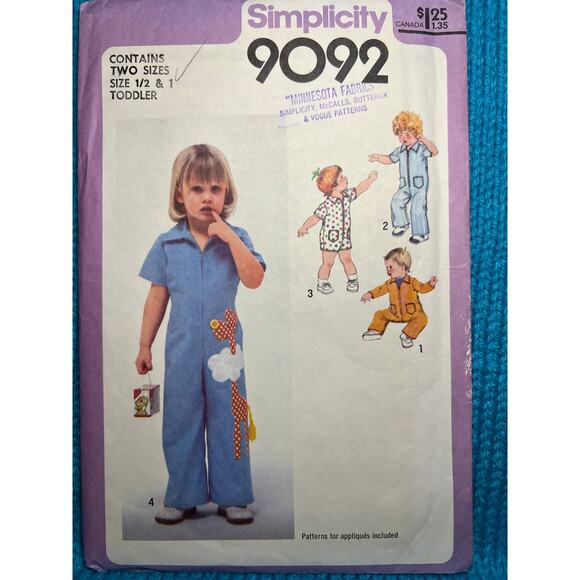 Simplicity 9092 toddler romper jumpsuit pattern size 1/2 1 - Picture 1 of 5